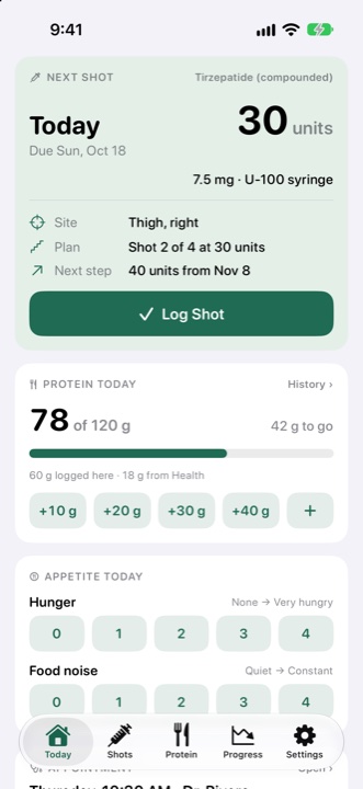 Ostin's Today screen: next shot today, 30 units, with protein and appetite below